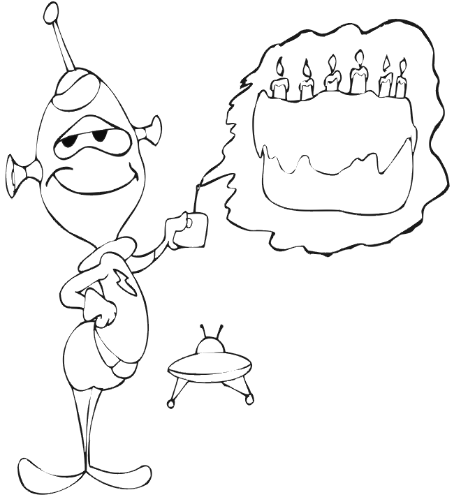 Alieno con torta di compleanno oleografica disegno