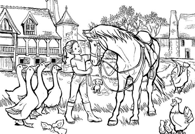 Bambina che accudisce un cavallo nella fattoria disegno da colorare