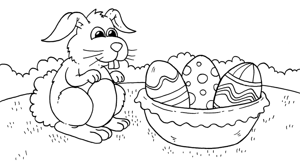 Coniglio e cesto di uova di Pasqua stampa e colora gratis
