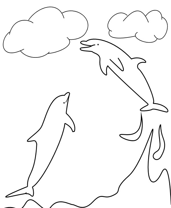 Due delfini felici giocano nel mare da colorare