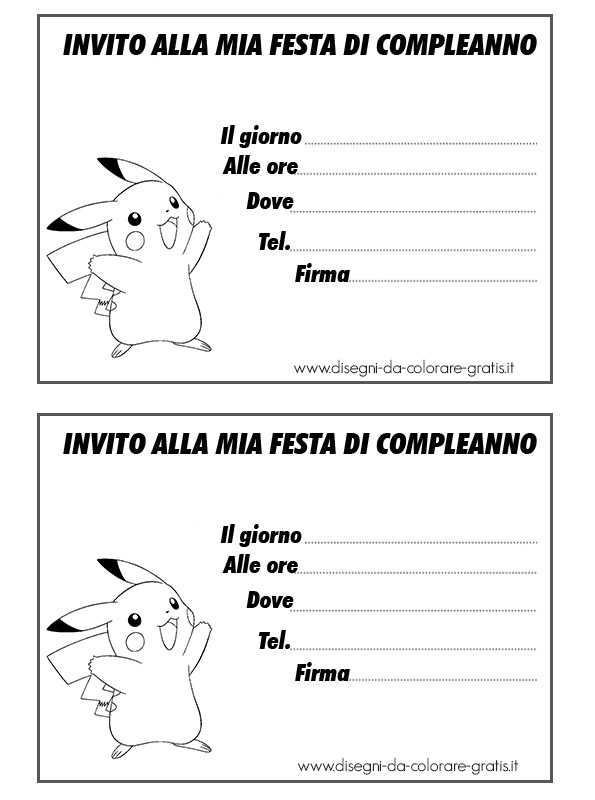 Inviti biglietti Compleanno da colorare con Pikachu