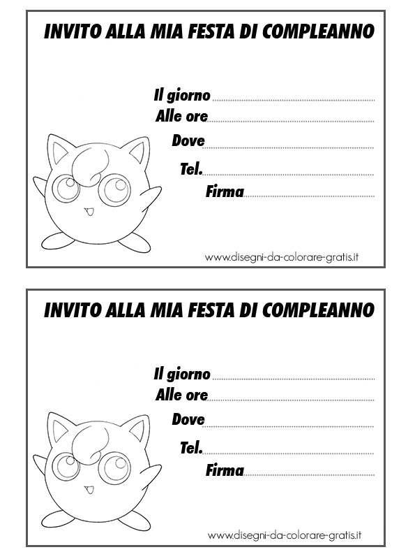 Inviti biglietti Compleanno da colorare con il Pokemon Jigglypuff