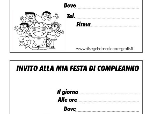 Inviti da stampare e colorare per il Compleanno con Doraemon e i suoi amici