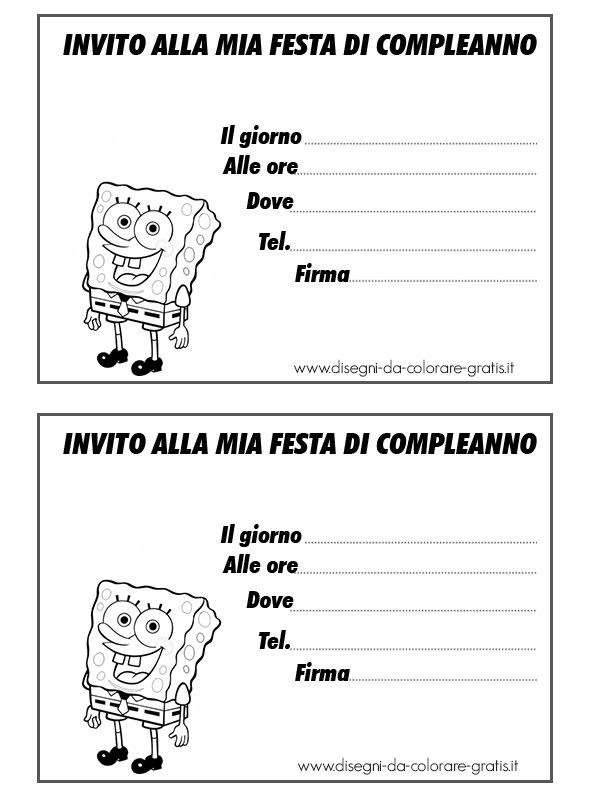 Inviti di Compleanno da stampare per bambini con Spongebob