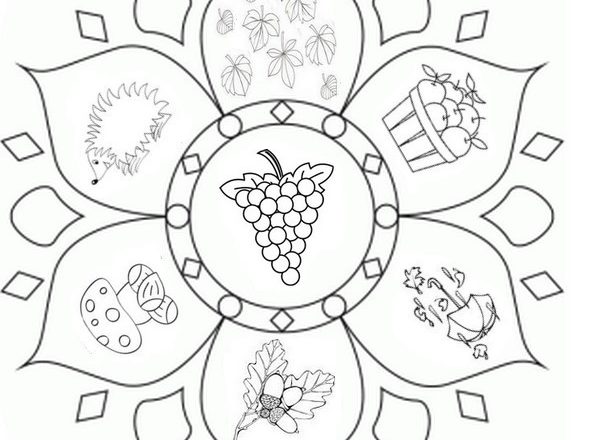 Mandala disegno da colorare gratis 34 con frutta e animali