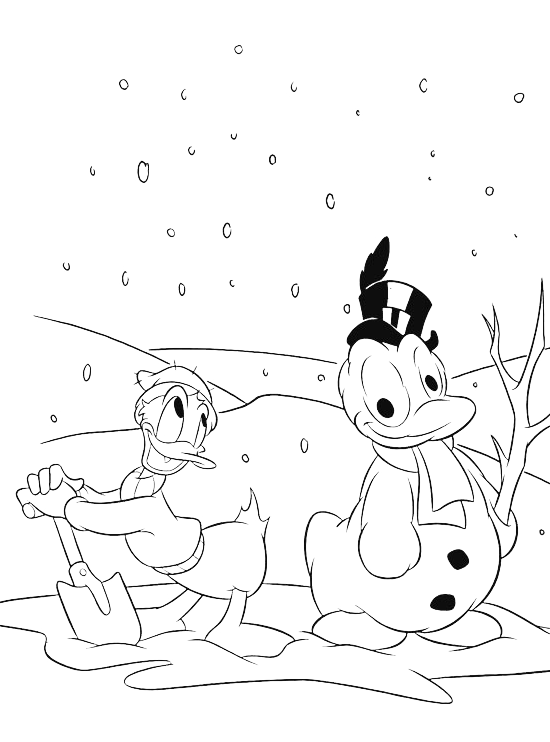 Paperino e il pupazzo di neve disegno da stampare e colorare gratuitamente