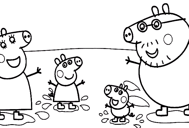 Peppa Pig e famiglia che saltano nel fango disegno da colorare gratis