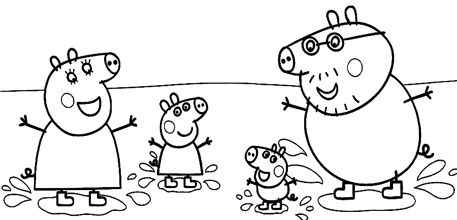 Peppa Pig e famiglia che saltano nel fango disegno da colorare gratis