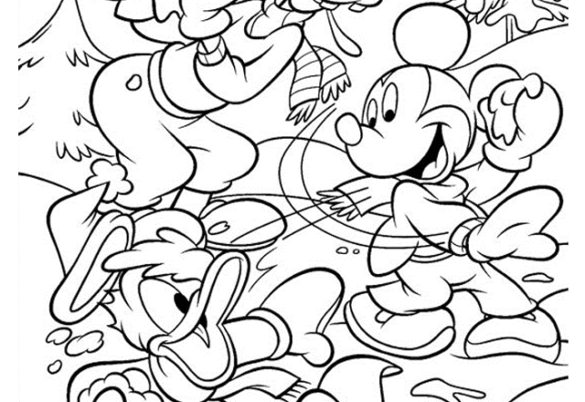 Pippo Topolino e Paperino che giocano con la neve disegno da colorare categoria inverno