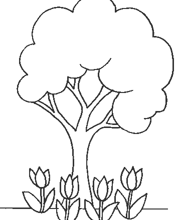 Quattro fiori tulipani sotto un albero disegno da colorare