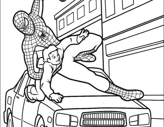 Spiderman l’ Uomo Ragno che salva un civile disegno da colorare per bambini