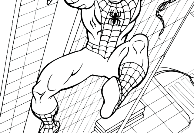 Spiderman l’ Uomo Ragno di corsa tra i palazzi disegno da colorare