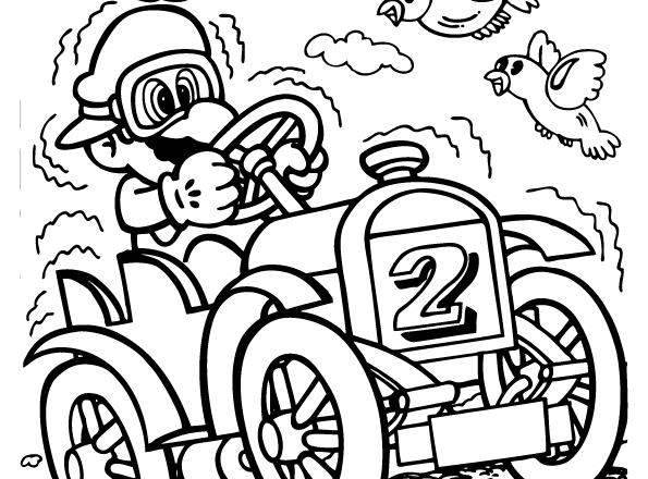 Super Mario Bros corre su un’ auto d’ epoca da colorare