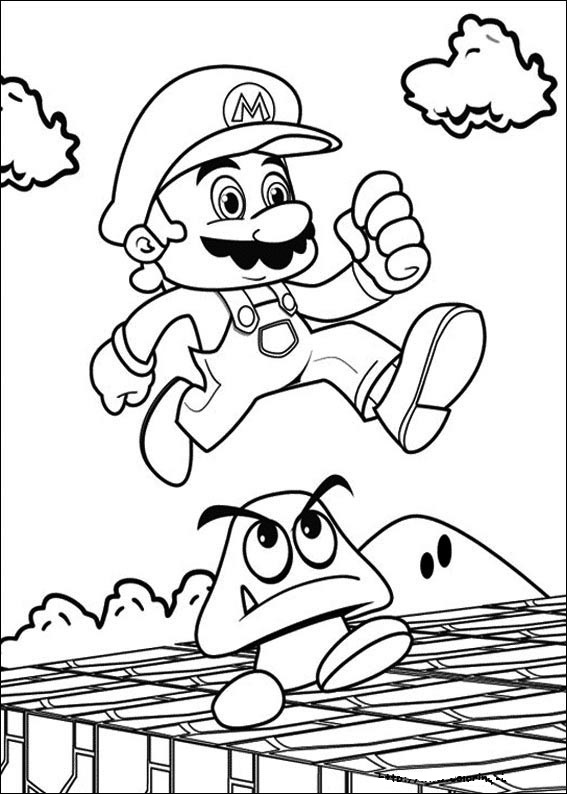 Super Mario salta sopra ad un funghetto Goomba da colorare