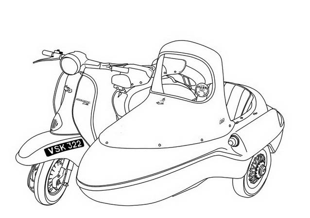 Una moto Vespa con sidecar disegno gratis