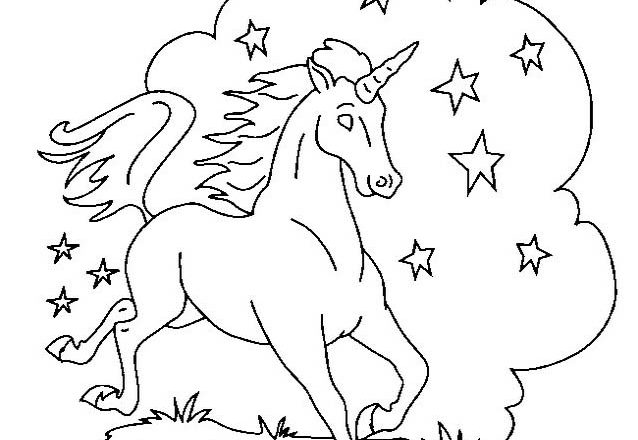 Unicorno che corre tra le stelle da colorare