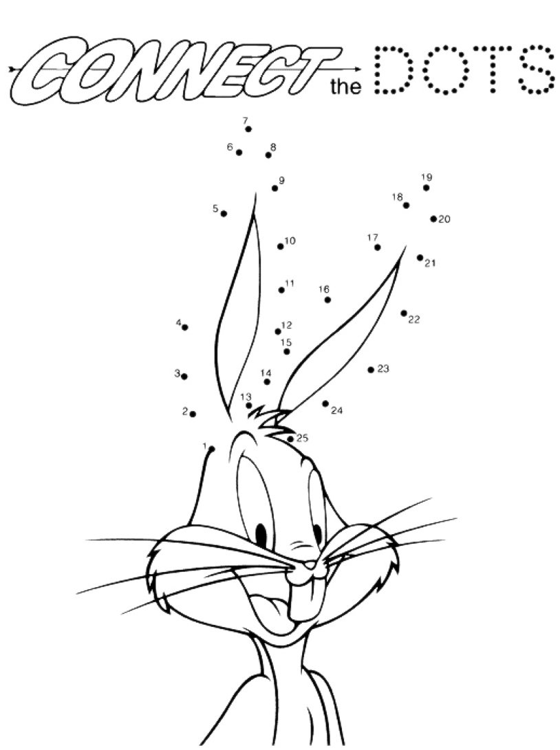 Unisci i puntini e colora Bugs Bunny personaggio dei cartoni animati